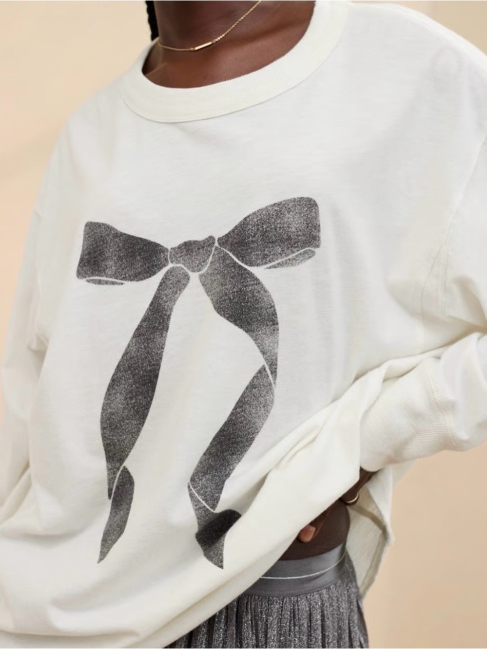 Aerie Bow Graphic Oversized Cotton Long Sleeve White Medium